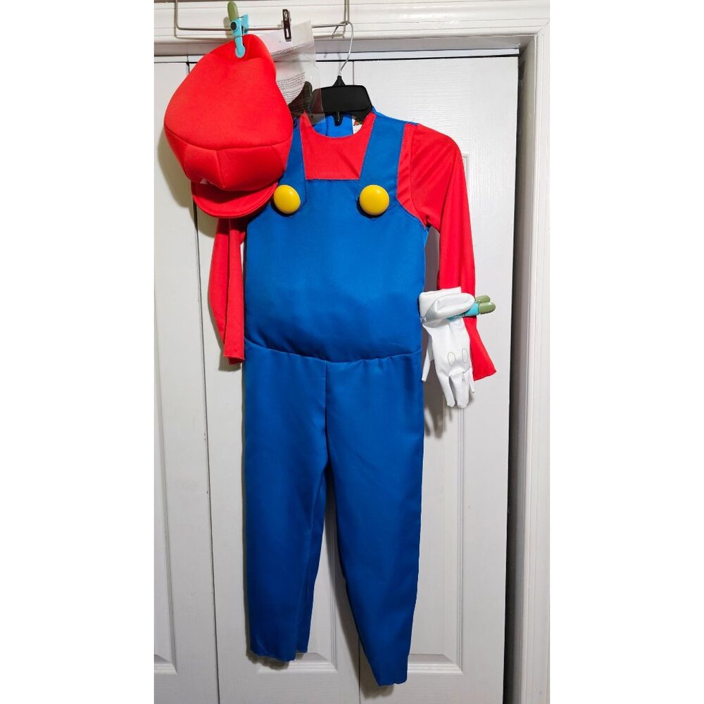 Super Mario Kids Costume 7-8 Gloves Plush Belly Jumpsuit Hat Halloween Boys Game
